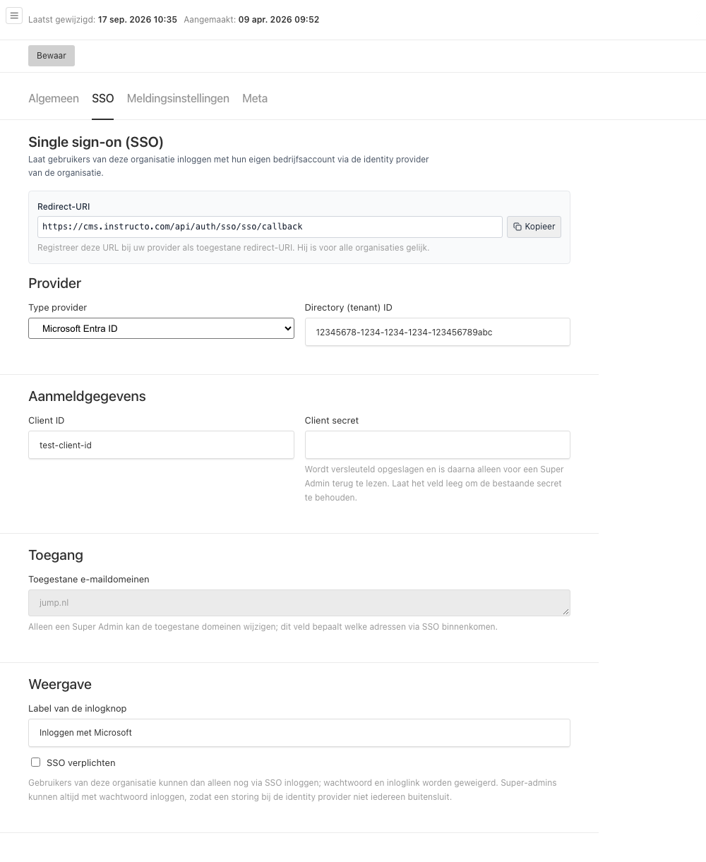 Het SSO-tabblad in de tenantinstellingen, met Redirect-URI, Provider, Aanmeldgegevens, Toegang en Weergave